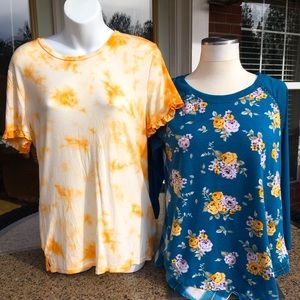 Yellow Tie-Dyed Ruffle Shirt & Turquoise Plaid and Flower Shirts